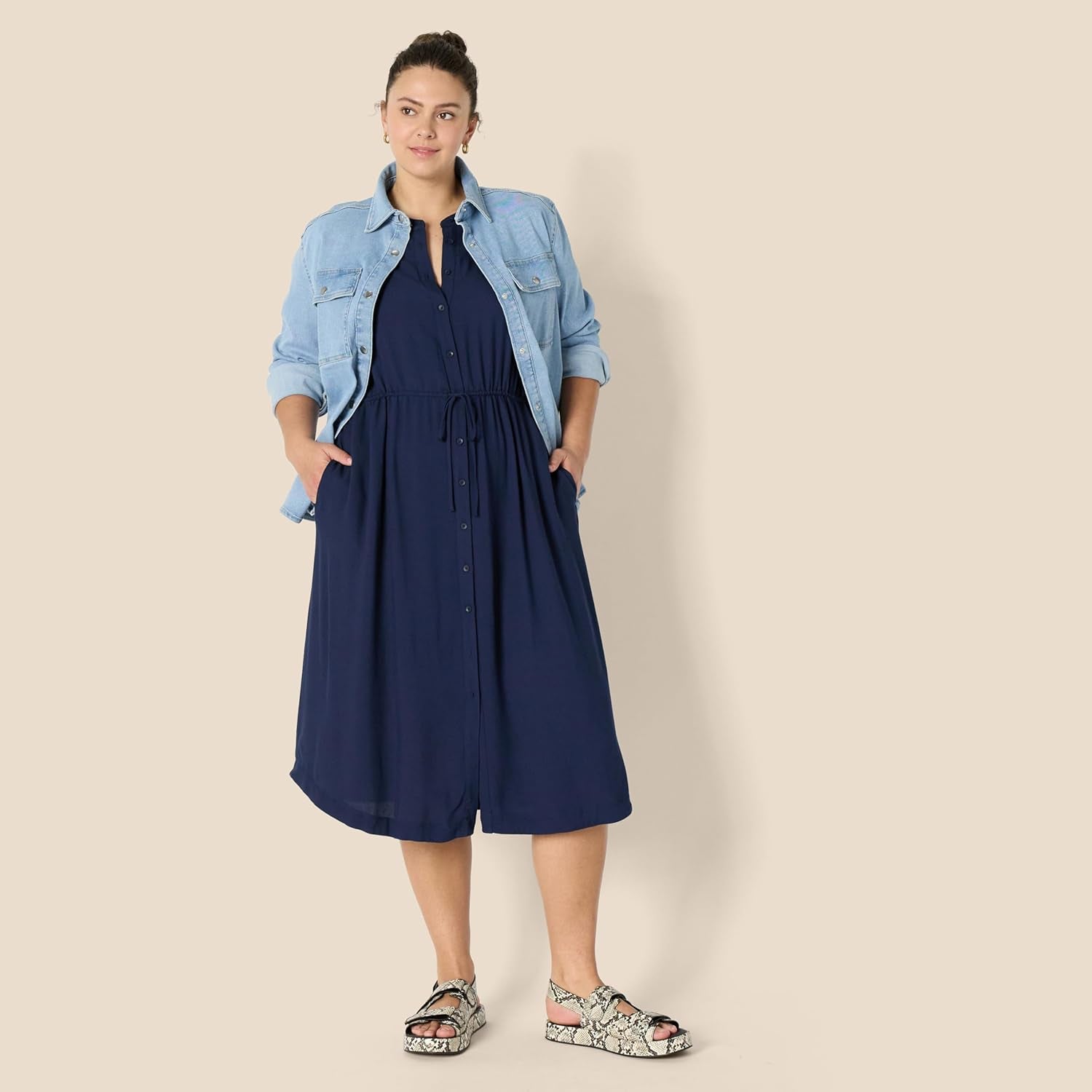 Women'S Relaxed Fit Half-Sleeve Waisted Midi A-Line Dress