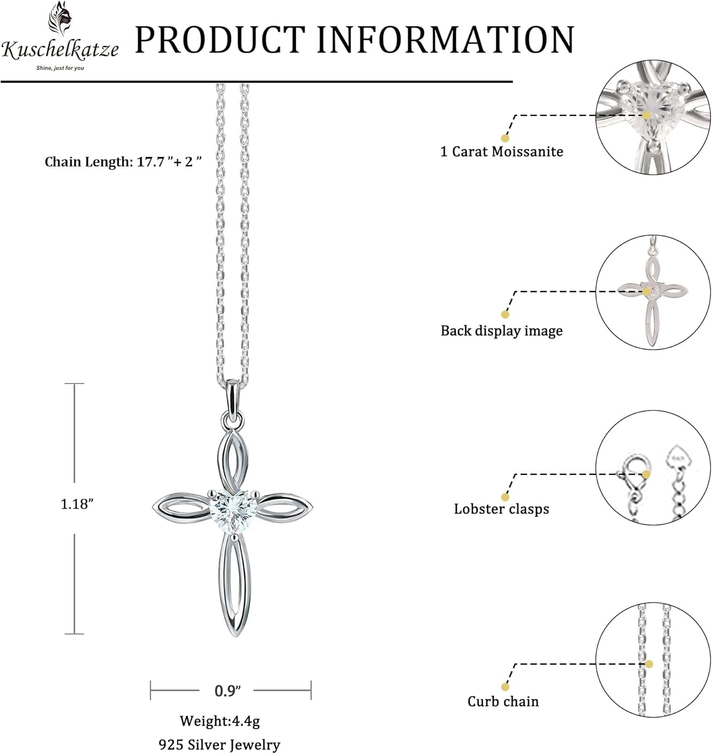 1 Carat Heart-Shaped Moissanite Cross Sterling Silver Necklace – Genuine D-Color Diamond Alternative, Sacred Celtic Knot Design, Faith-Inspired Gift for Women, Hypoallergenic 925 Silver