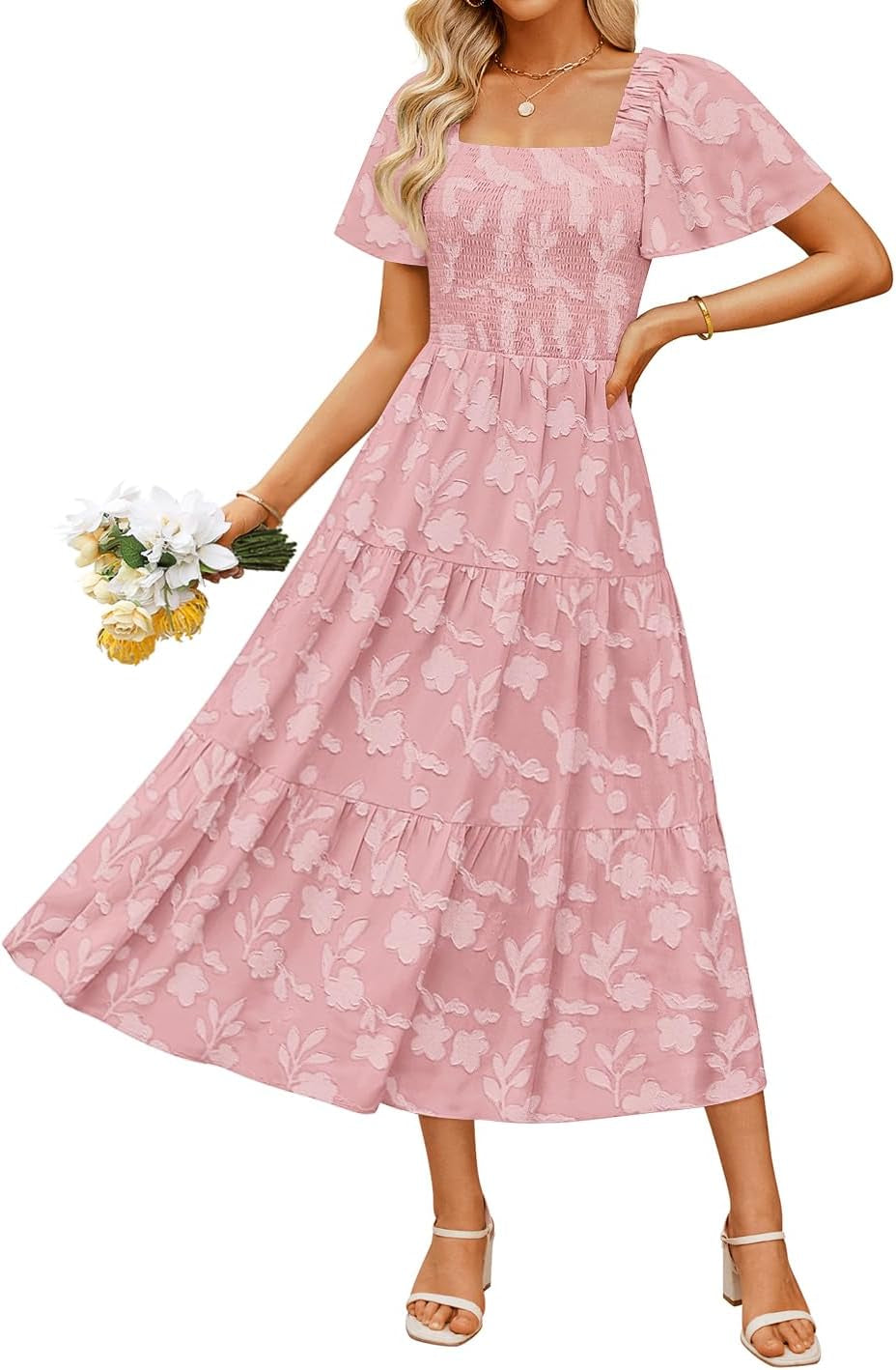 Women‘S Summer Boho Floral Midi Dress 2025 Casual Short Sleeve Square Neck Flowy Beach Vacation Long Dress