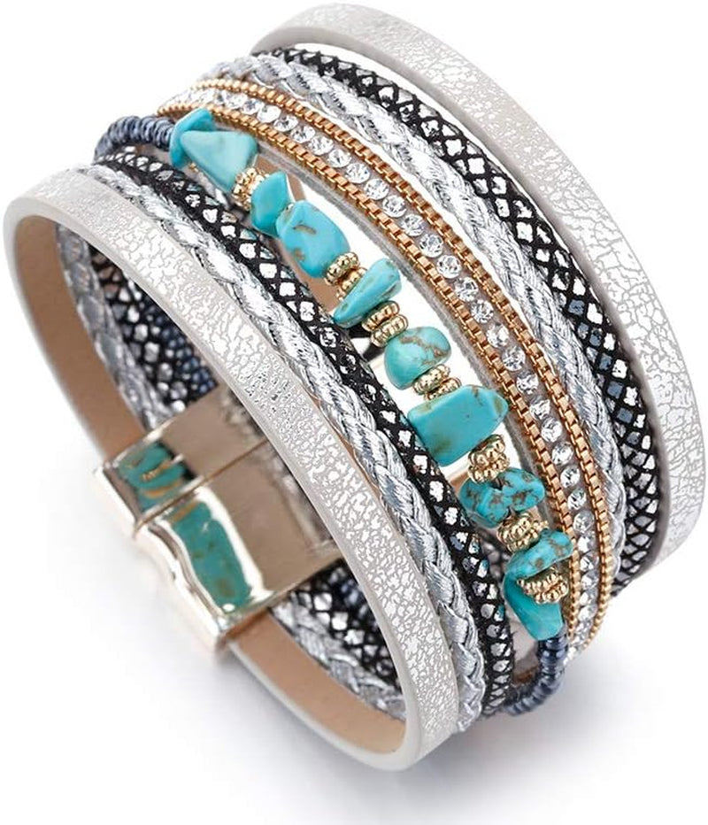 Leather Wrap Bracelets for Women, Boho Leopard Multi-Layer Crystal Beads Cuff Bracelet Jewelry