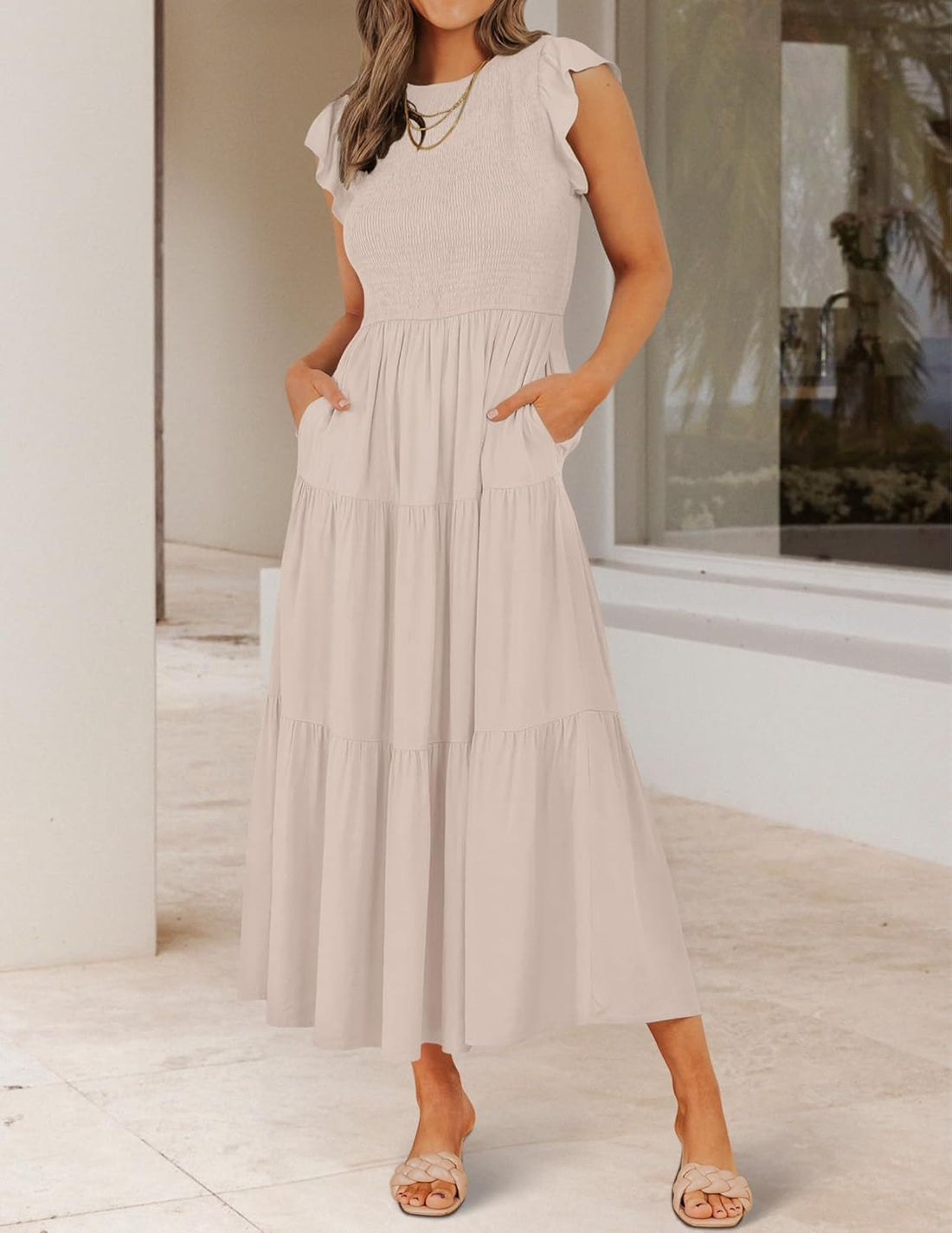 Women'S 2025 Summer Casual Flutter Short Sleeve Crew Neck Smocked Elastic Waist Tiered Midi Dress