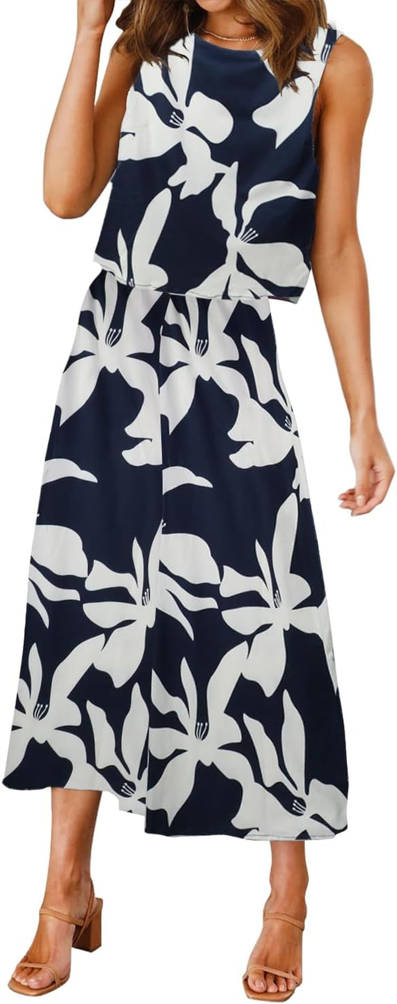 Women'S Summer 2 Piece Outfits round Neck Crop Basic Top Cropped Wide Leg Pants Set Jumpsuits