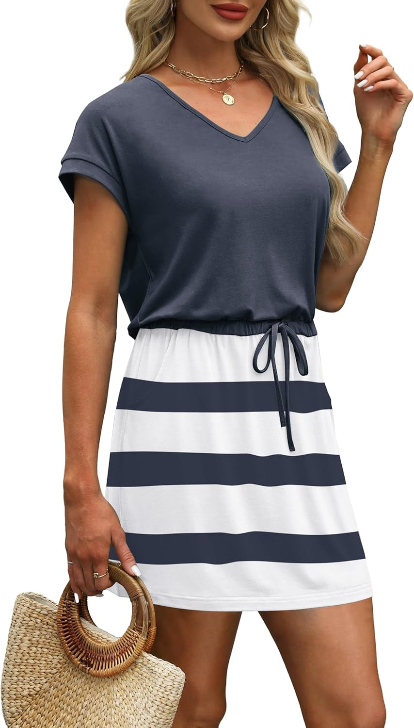 Summer Dresses for Women 2025 V Neck T Shirt Casual Mini Dresses Tie Waist Sundresses with Pockets