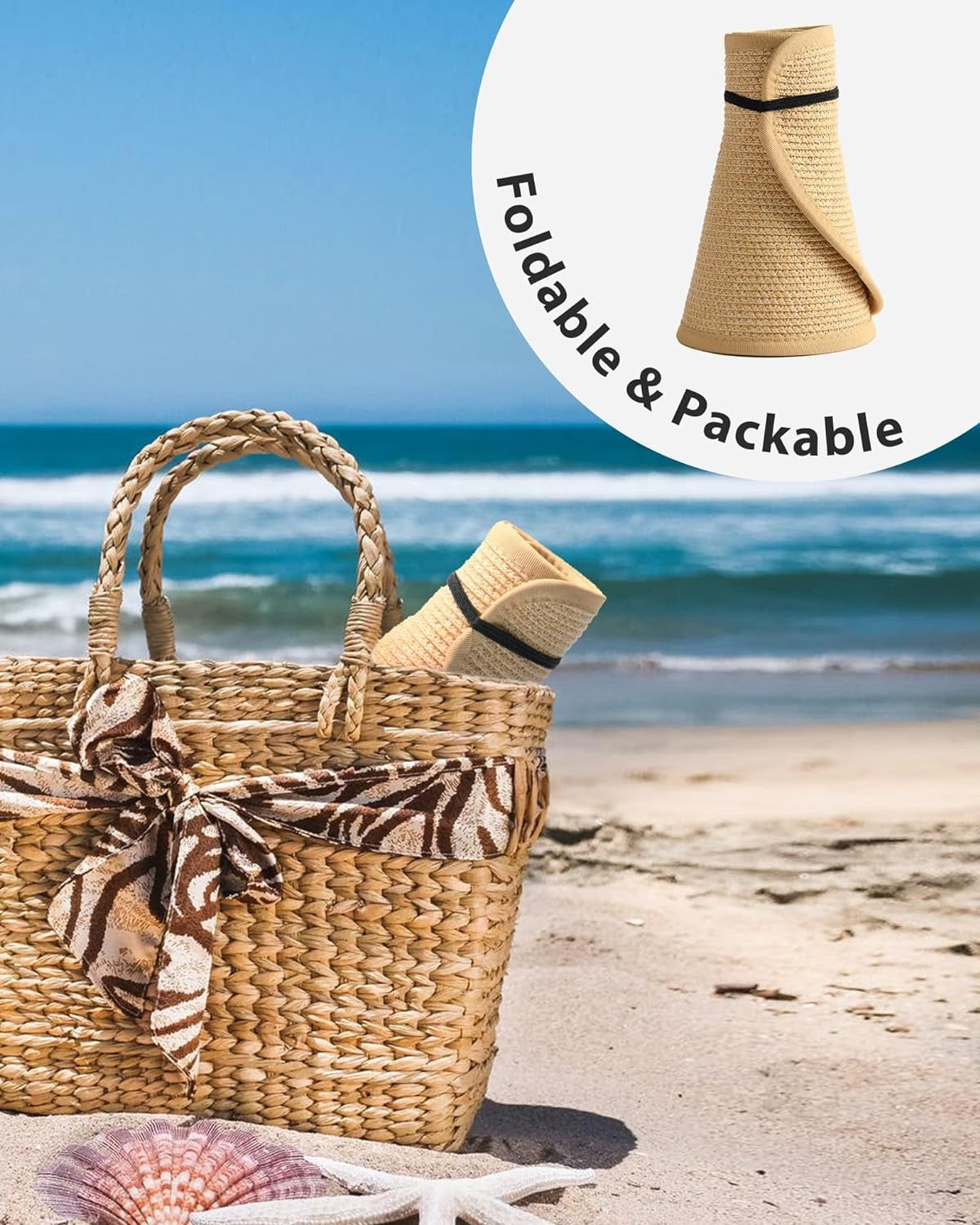 Sun Hats for Women Wide Brim Beach Hat Straw Visor Ponytail Summer UV Packable Foldable Beach Vacation Essentials