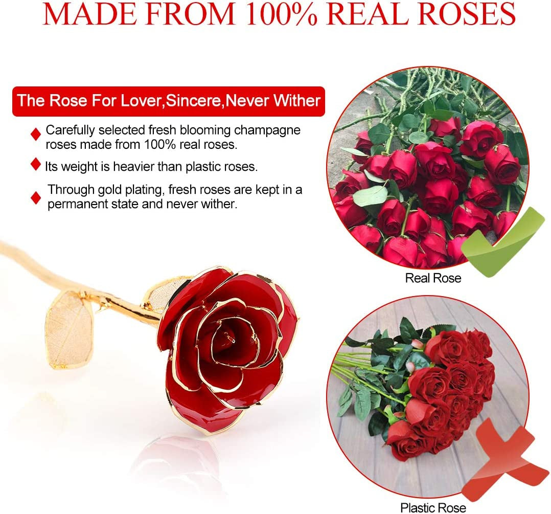 24K Red Rose Gold Leaf Christmas Her, Eternal Preserved Long Stem Rose with Golden Leaf, Valentine'S Day, Wedding Anniversary, Birthday, Graduation, Mother'S Day (Red Gold