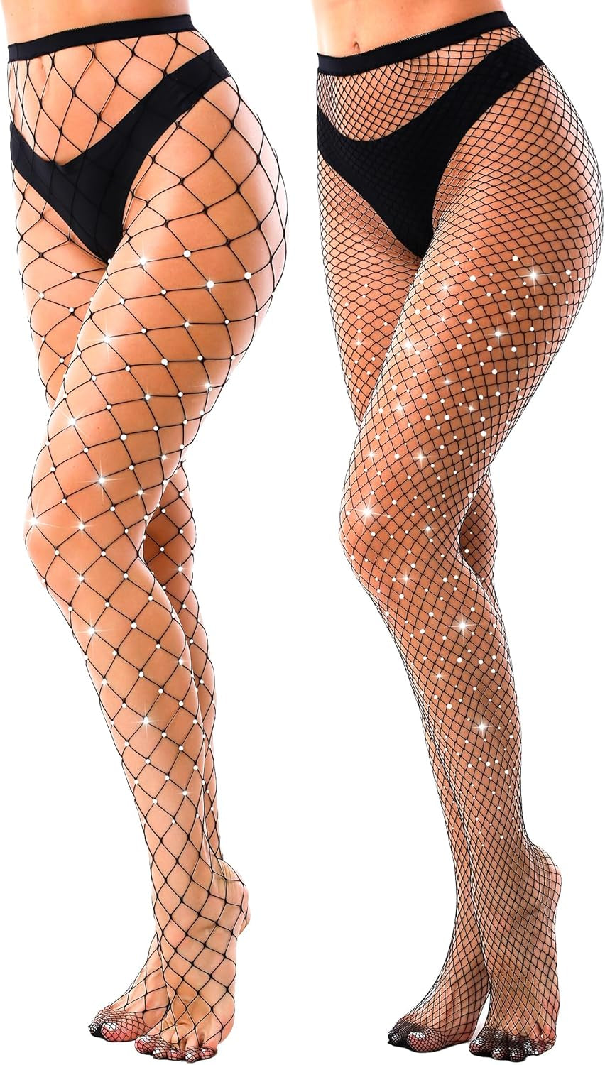 2 Pack Sparkly Large and Medium Mesh Fishnet Tights for Women Glitter Rhinestone Fishnets Stockings