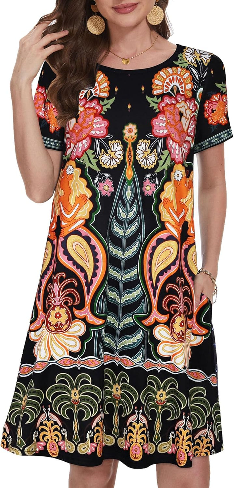 Summer Dresses for Women Casual Tshirt Short Sleeve Floral Sundress Beach Cover Ups with Pockets