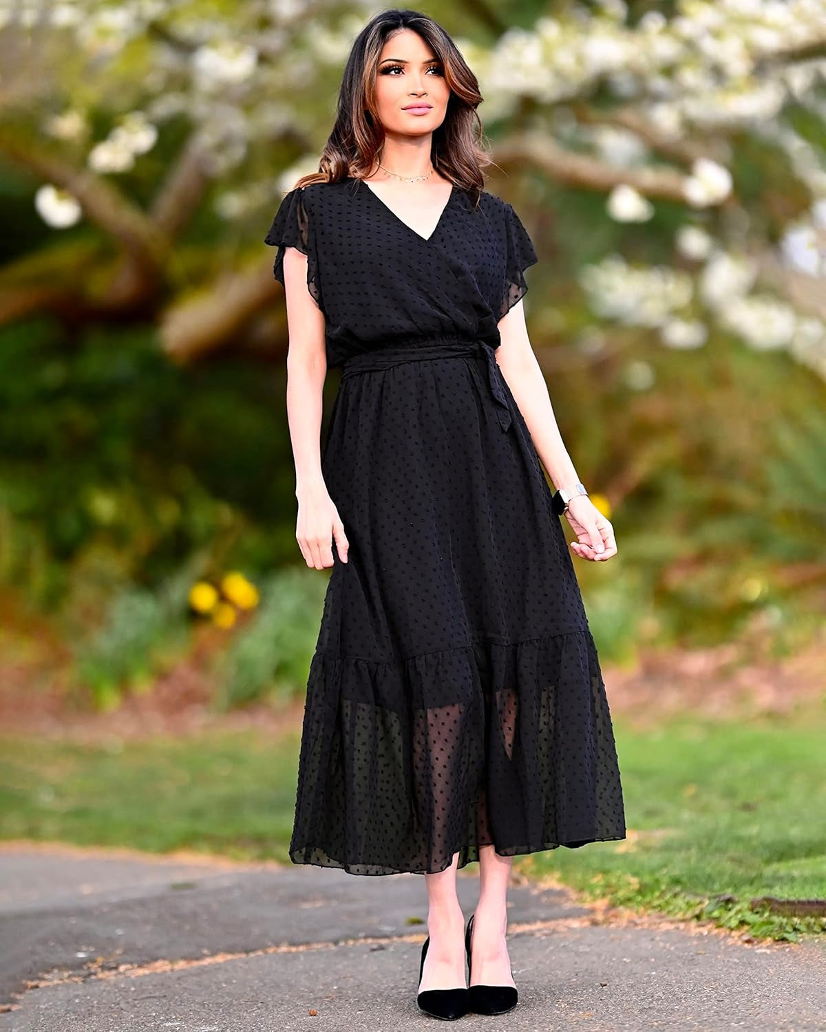 Women Summer Bohemian Floral Casual Wrap V Neck Ruffle Cap Sleeveless Belt A-Line Pleated Hem Midi Sun Dress White