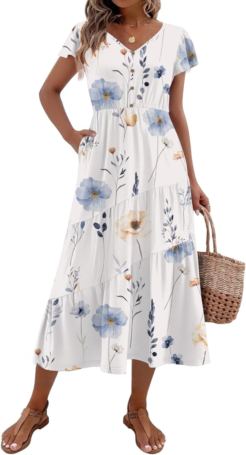 Women'S Summer Casual Dress Flutter Short Sleeve V Neck Button down Tiered Flowy Long Dress with Pockets