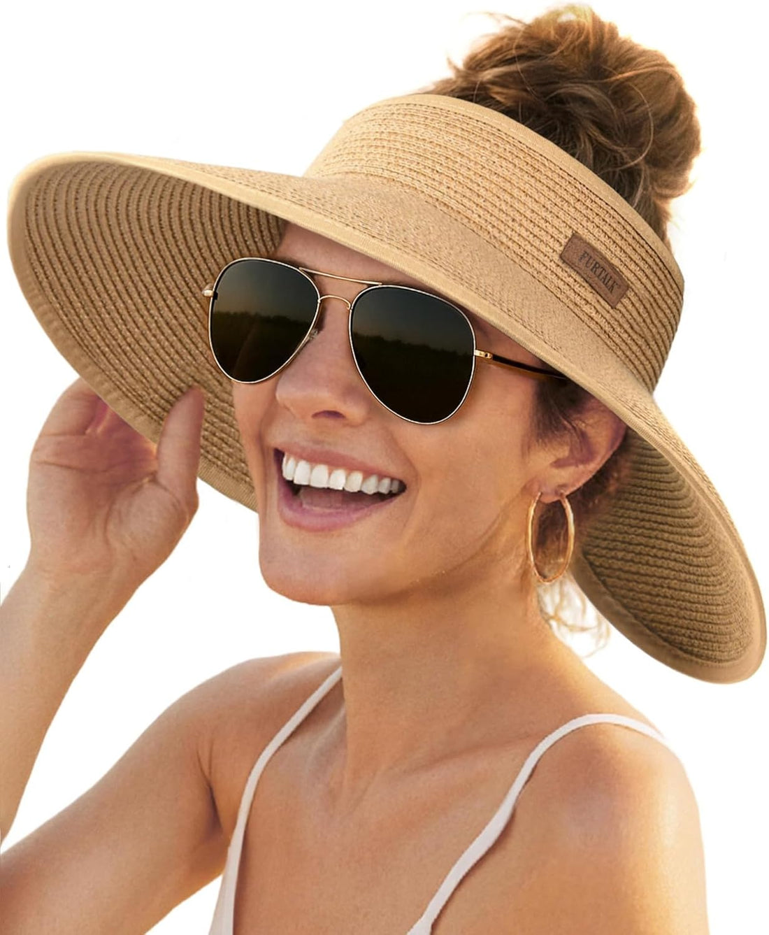 Sun Hats for Women Wide Brim Beach Hat Straw Visor Ponytail Summer UV Packable Foldable Beach Vacation Essentials