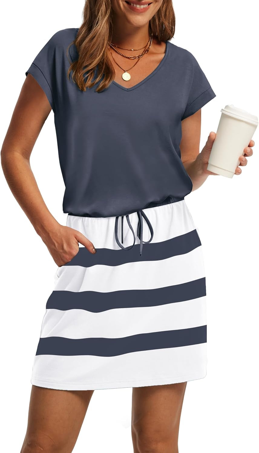Summer Dresses for Women 2025 V Neck T Shirt Casual Mini Dresses Tie Waist Sundresses with Pockets
