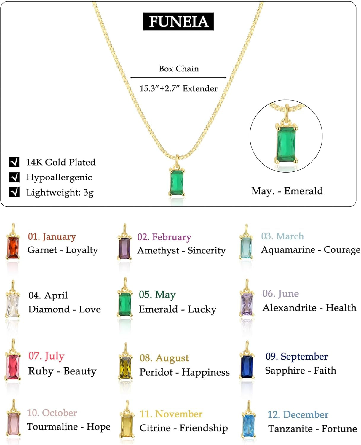 Diamond Necklaces for Women 14K Gold Plated Emerald Birthstone Necklace for Women Mothers Dainty Gold Necklace Blue Green Cubic Zirconia Pendant Necklace Birthday Gifts for Women Jewelry