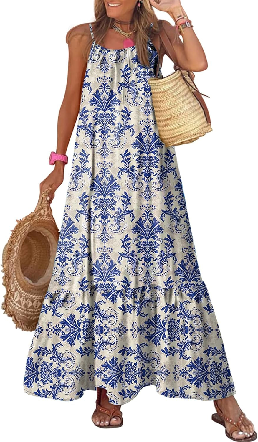 Women Summer Dresses 2025 Spaghetti Strap Scoop Neck Smocked Ruffle Flowy Boho Maxi Dress