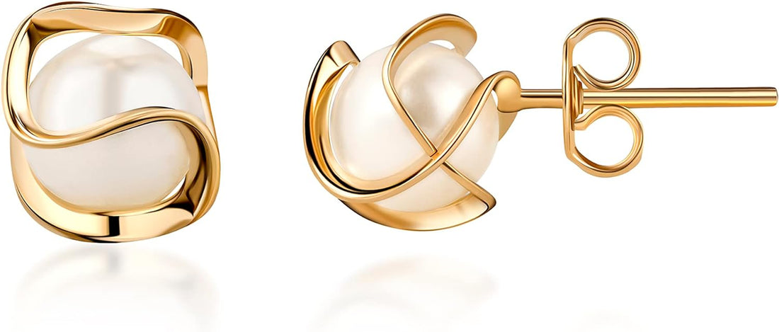 18K Gold Plated Caged Pearl Stud Earrings, 6MM - Made in Brazil