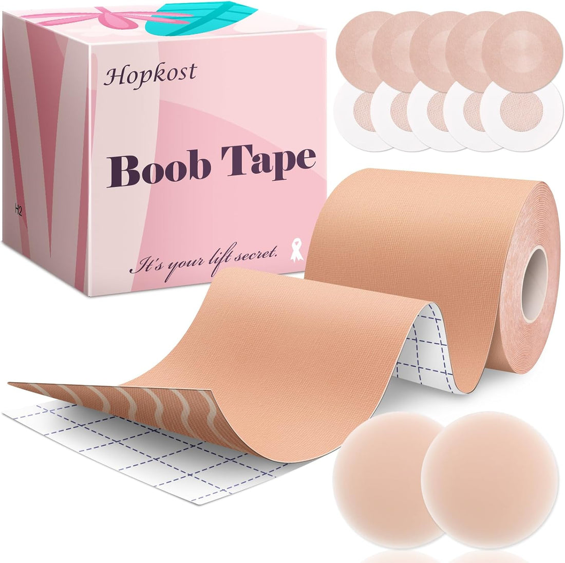 Boob Tape Breast Lift Tape for Large Breasts with 2 Pcs Nipple Covers Invisible Boobtape for A-G Cup(Beige,3 In)
