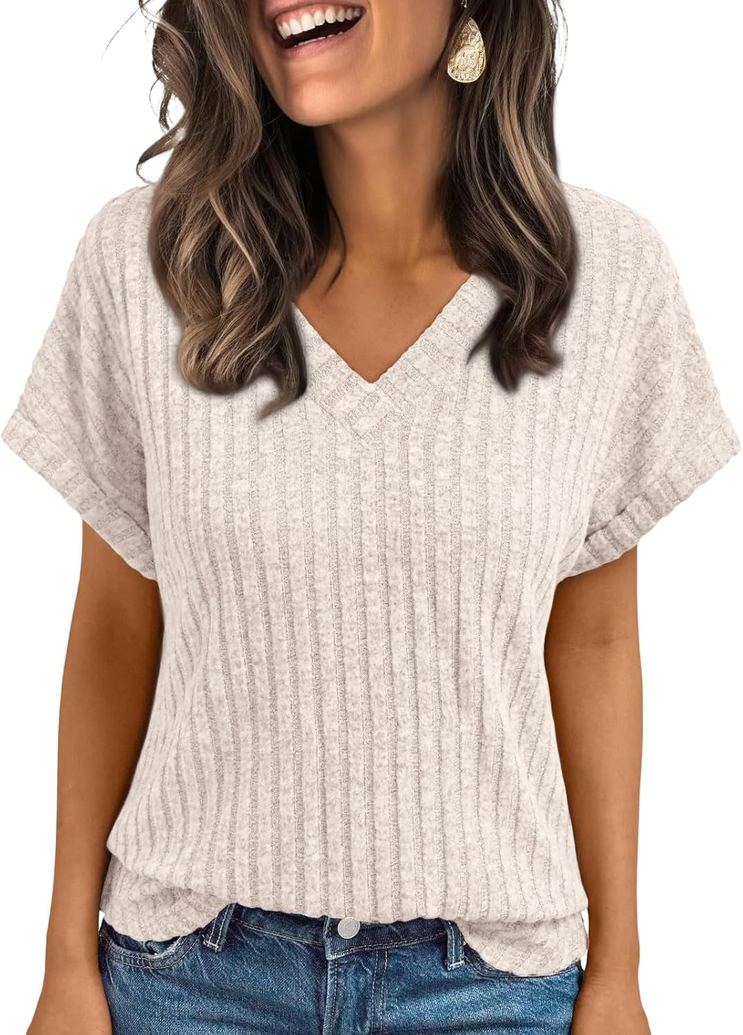 Women Tops Summer Sweaters Short Sleeve V Neck Shirts 2025 Spring Fashion Dressy Casual Business Tunic Blouses