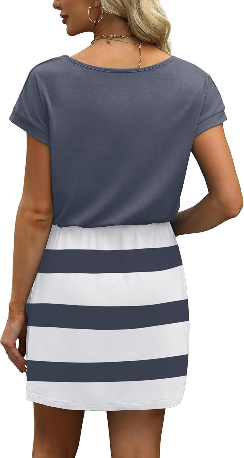 Summer Dresses for Women 2025 V Neck T Shirt Casual Mini Dresses Tie Waist Sundresses with Pockets