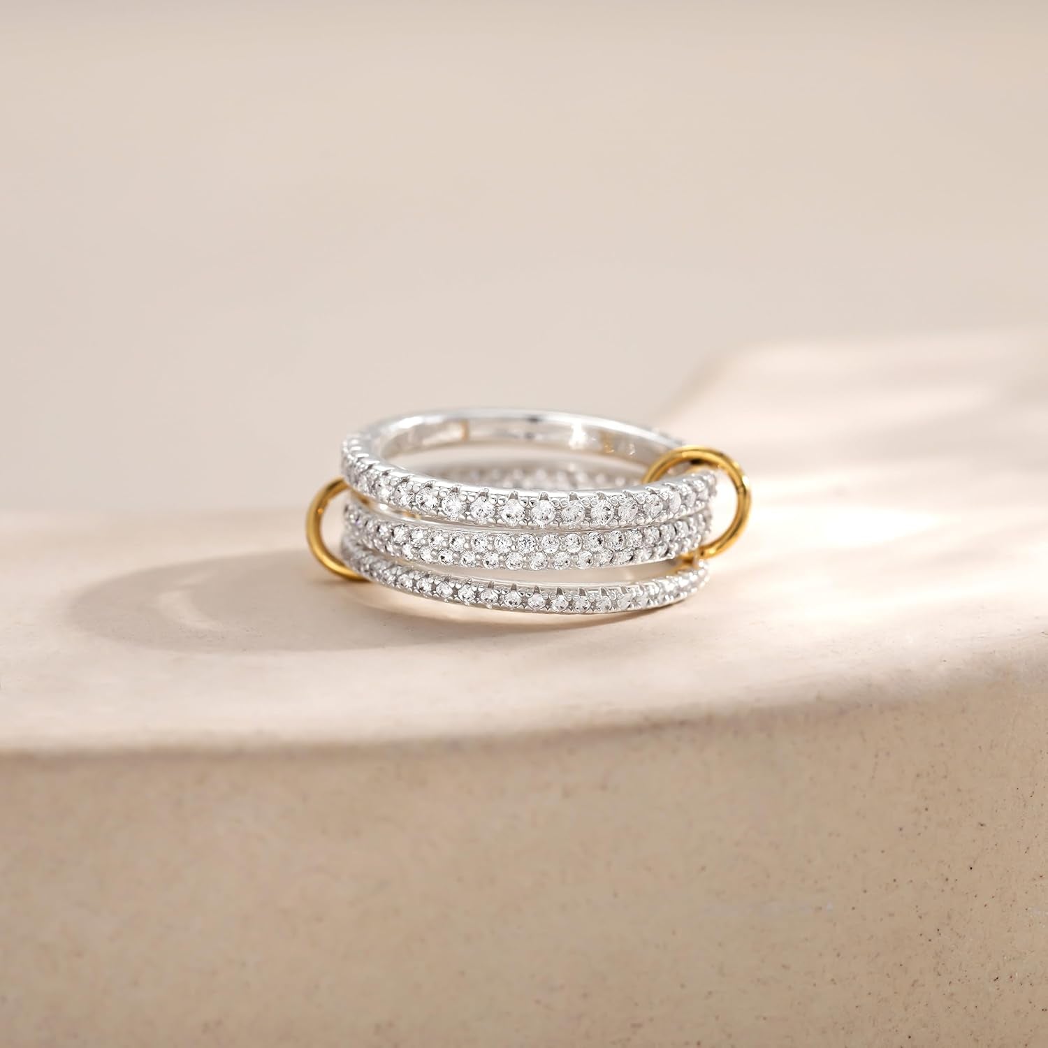 Silver Stackable Rings for Women Non Tarnish – Statement Mixed Metals Multi Ring Stack Rings Set Cubic Zirconia Two-Toned Connected Bands Stacking Jewelry Size 6-10