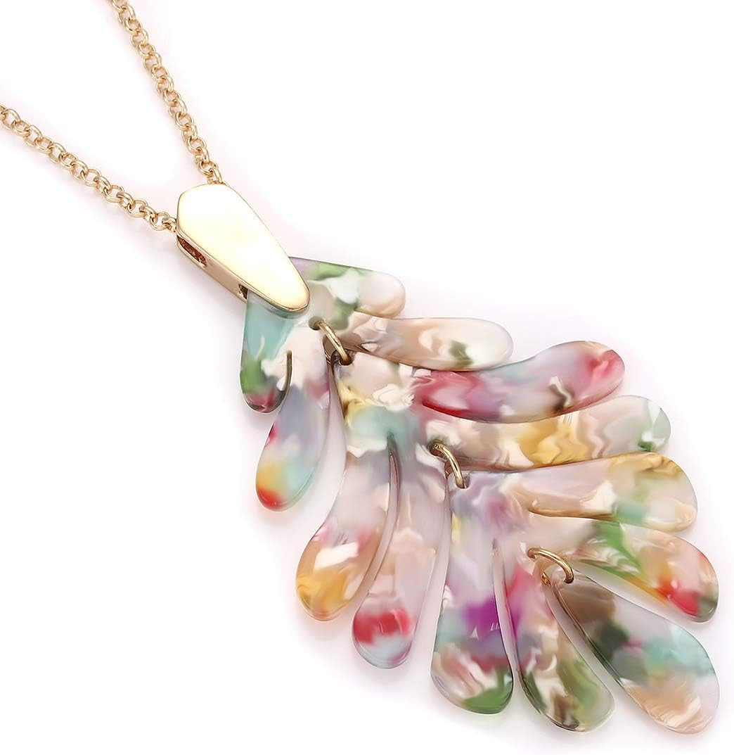 Acrylic Pendant Necklace Earrings – Long Statement Leaf Charm Necklace Tortoise Resin Palm Leaf Earrings Fashion Necklaces Earrings for Women