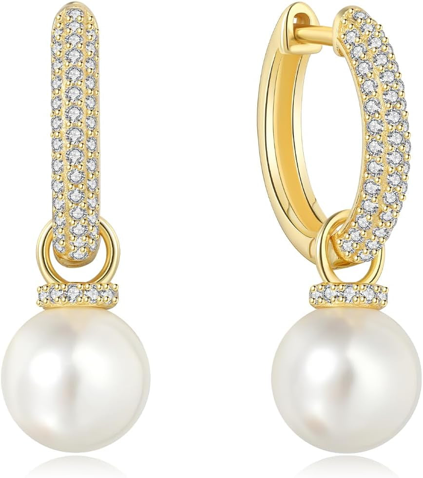 Pearl Earrings for Women 925 Sterling Silver Hoop Earrings Shell Pearl Drop Earrings Dangling 2 in 1 Style