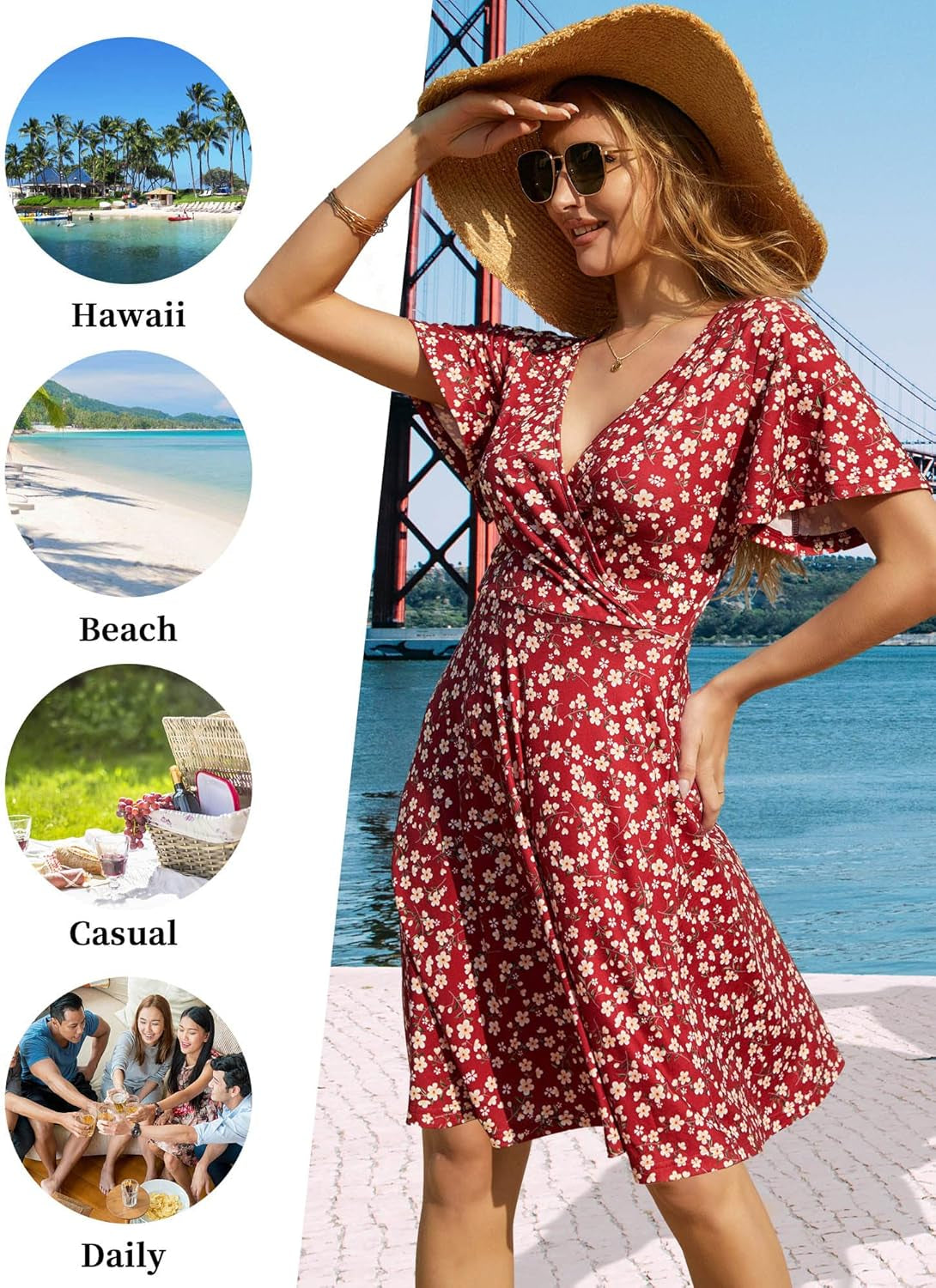 Womens Sundress Summer Floral Short Sleeve Wrap V Neck A-Line Midi Dress