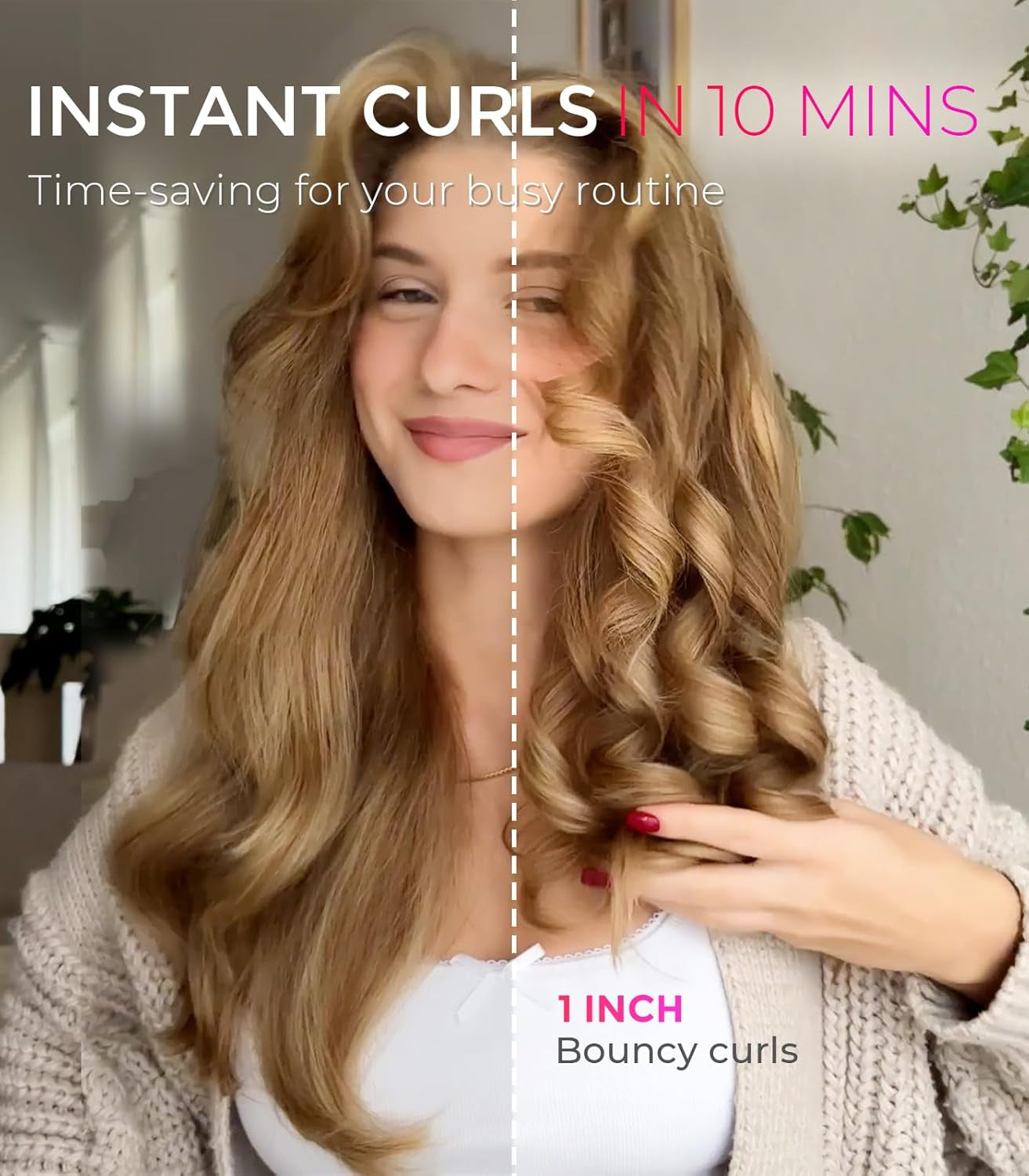 Automatic Rotating Curling Iron -  CURLPRO Beach Waves Curling Wand, Portable Hair Curler, 500 Million Ionic, Dual Voltage & Lightweight for Travel, Ceramic Coating, 1 Inch, Pink