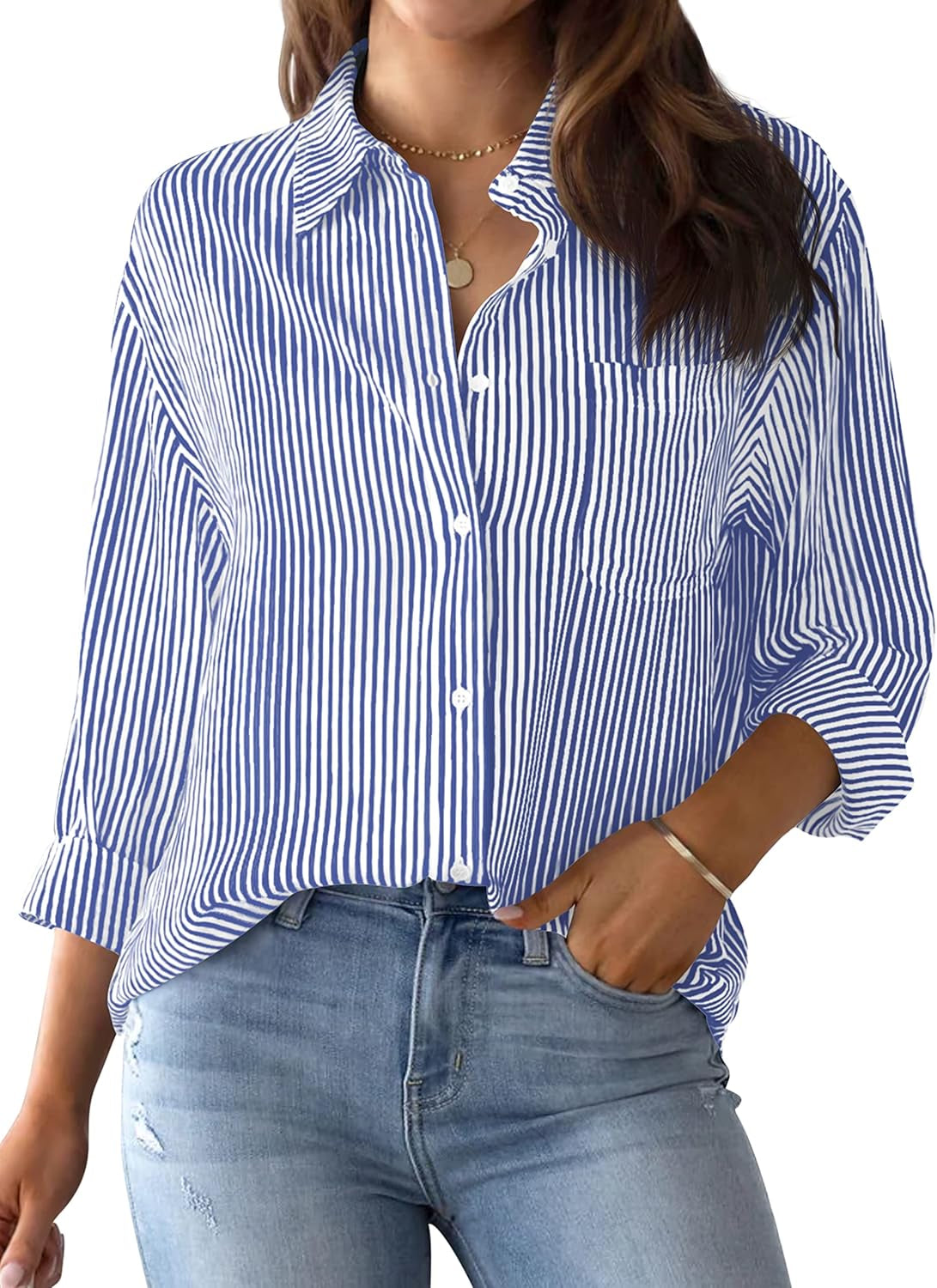 Womens Button down Shirts Striped Classic Long Sleeve Collared Office Work Blouses Tops with Pocket