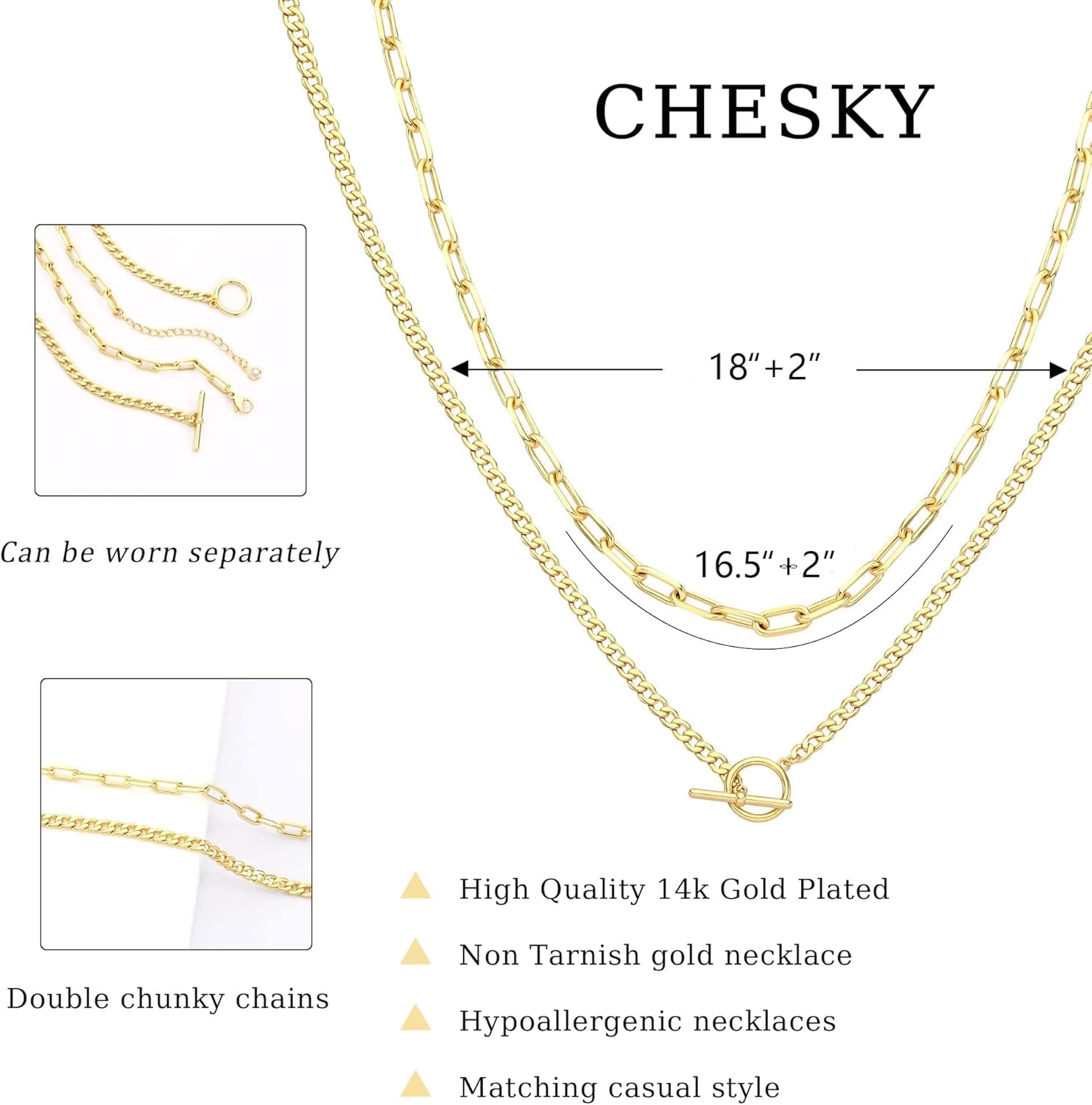 Gold Layered Necklaces for Women, 14K Dainty Gold Chain Necklace Women Trendy Cuban Link Paperclip Chain Toggle Clasp Necklace Fashion Chunky Jewelry for Women