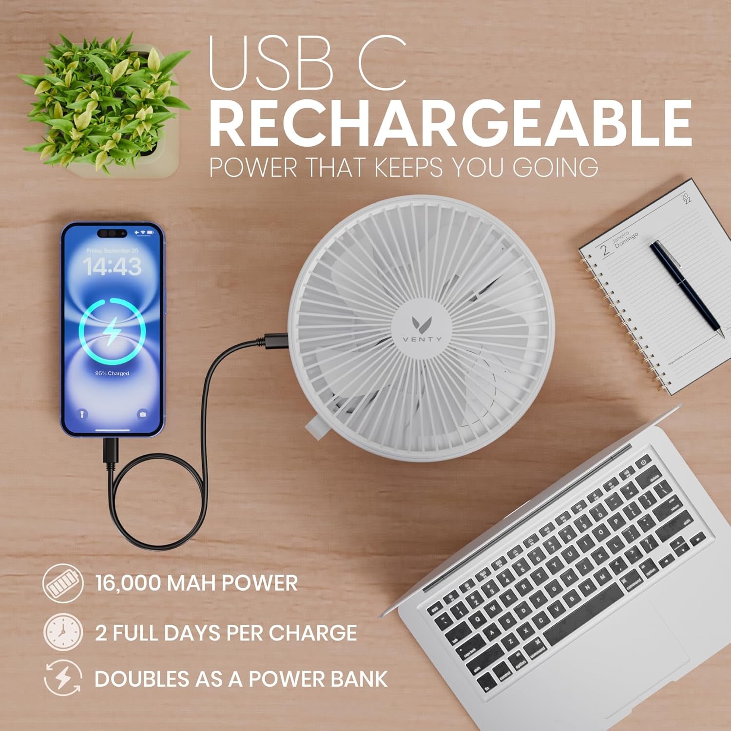 Portable Fan - Wireless Battery Operated Fan - 4 Speeds - LED Lighting - Carry Case & Remote Control - Cruise Travel - Outdoor Travel RV Power Bank with USB-C Port (White with Case)