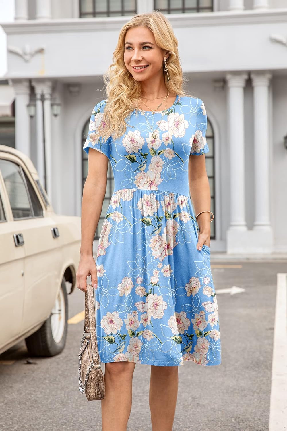 Women Summer Casual Short Sleeve Dresses Empire Waist Dress with Pockets