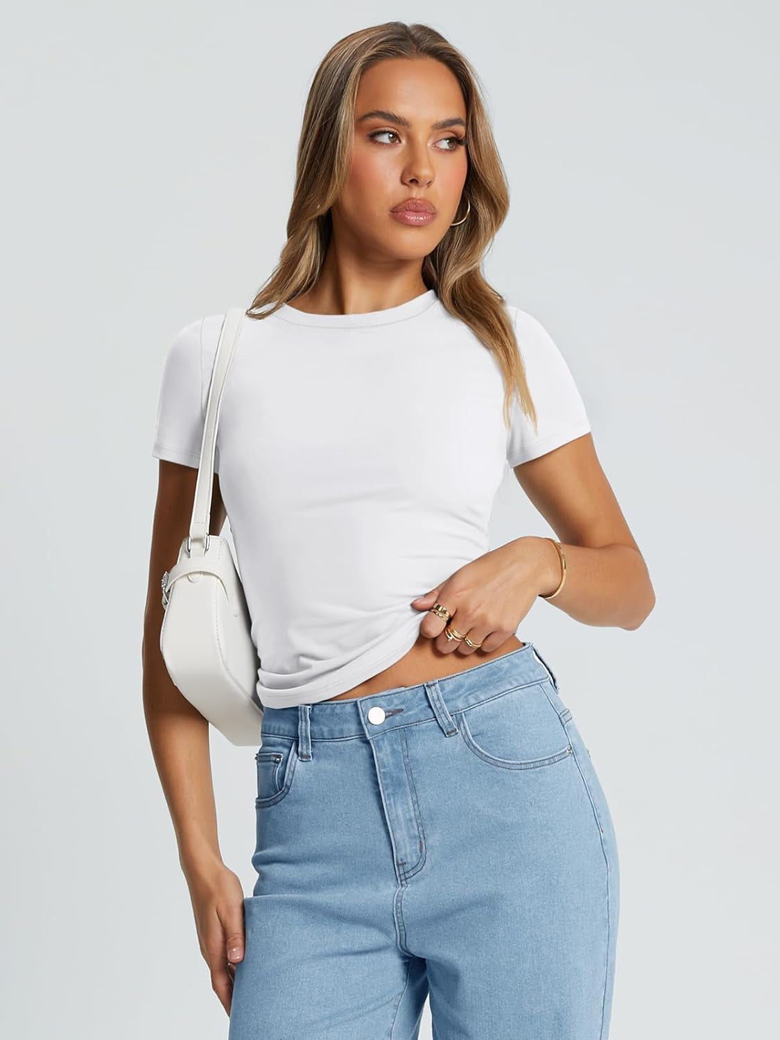 Womens Basic T Shirts Summer Tops 2025 Crop Short Sleeve Slim Fit Tee Cute Gym Workout Clothes