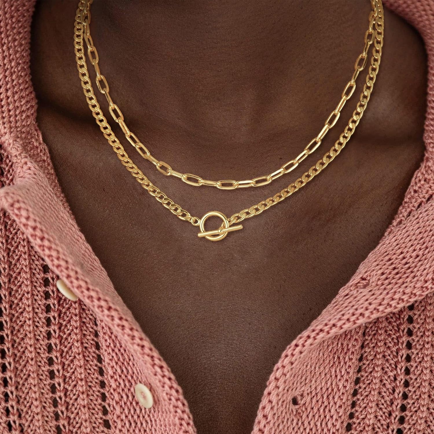 Gold Layered Necklaces for Women, 14K Dainty Gold Chain Necklace Women Trendy Cuban Link Paperclip Chain Toggle Clasp Necklace Fashion Chunky Jewelry for Women