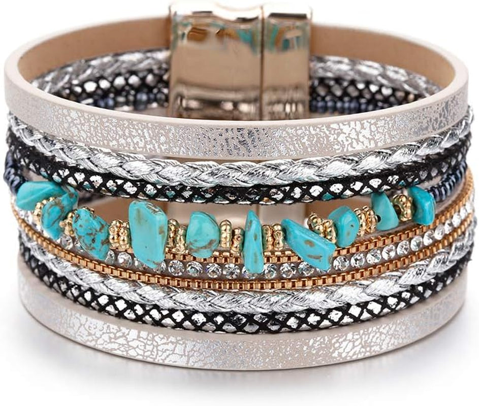 Leather Wrap Bracelets for Women, Boho Leopard Multi-Layer Crystal Beads Cuff Bracelet Jewelry