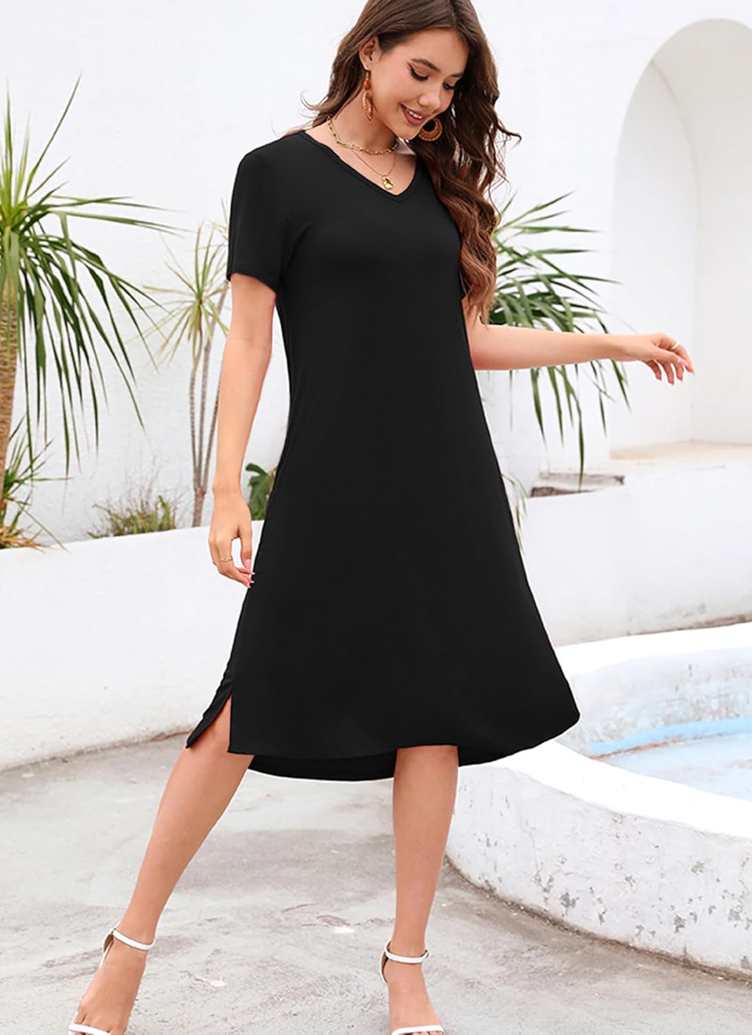 Women'S Casual Short Sleeve Tshirt Dress Summer Side Split Loose V Neck Dresses