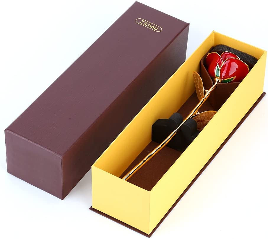 24K Red Rose Gold Leaf Christmas Her, Eternal Preserved Long Stem Rose with Golden Leaf, Valentine'S Day, Wedding Anniversary, Birthday, Graduation, Mother'S Day (Red Gold