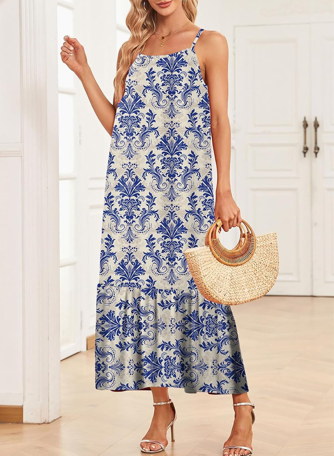 Women Summer Dresses 2025 Spaghetti Strap Scoop Neck Smocked Ruffle Flowy Boho Maxi Dress