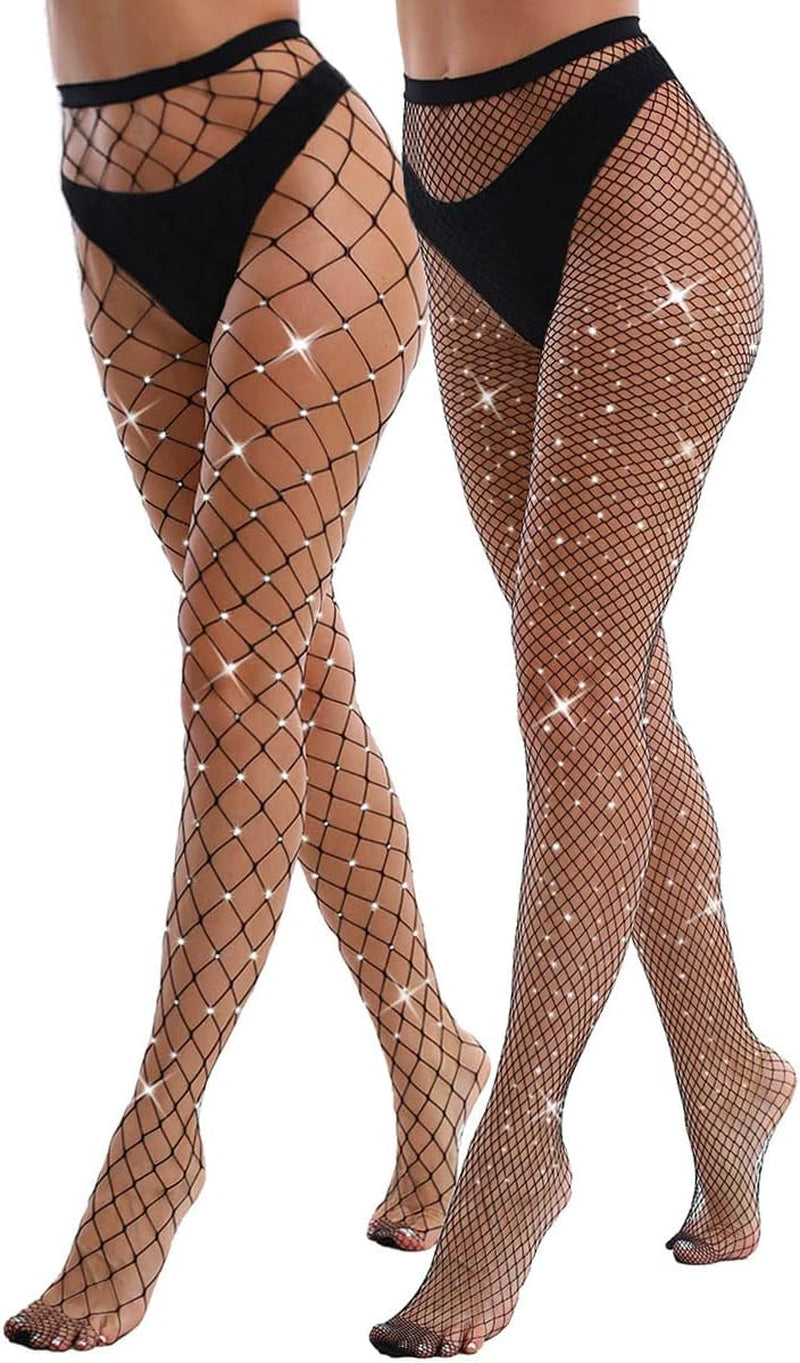 2 Pack Sparkly Large and Medium Mesh Fishnet Tights for Women Glitter Rhinestone Fishnets Stockings