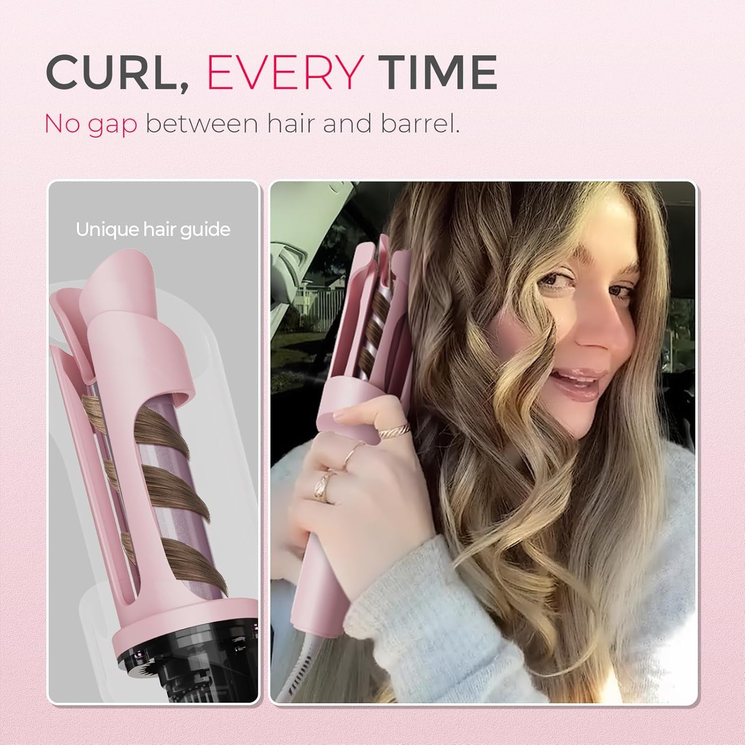 Automatic Rotating Curling Iron -  CURLPRO Beach Waves Curling Wand, Portable Hair Curler, 500 Million Ionic, Dual Voltage & Lightweight for Travel, Ceramic Coating, 1 Inch, Pink
