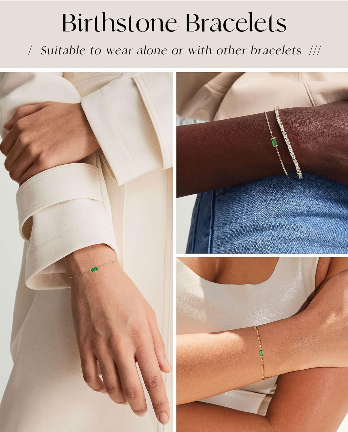 Birthstone Gold Bracelets for Women Non Tarnish Trendy Dainty 14K Gold Plated Bracelet Stack Stackable Blue Green May Emerald Friendship Bracelets Jewelry Gifts for Mom Best Friend