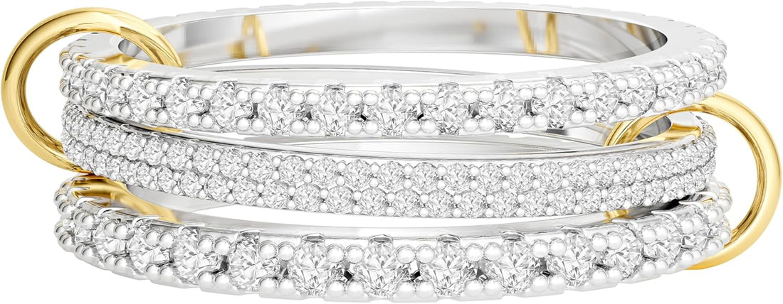 Silver Stackable Rings for Women Non Tarnish – Statement Mixed Metals Multi Ring Stack Rings Set Cubic Zirconia Two-Toned Connected Bands Stacking Jewelry Size 6-10