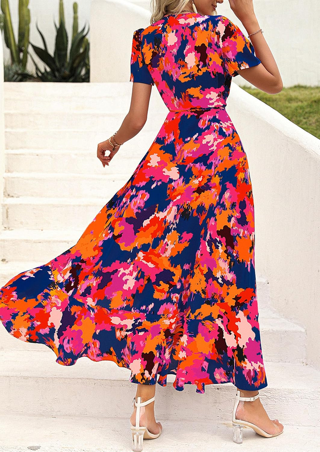 Women'S Summer Maxi Dress Casual Wrap Floral Boho Short Sleeve V Neck Split Ruffle Beach Long Dresses