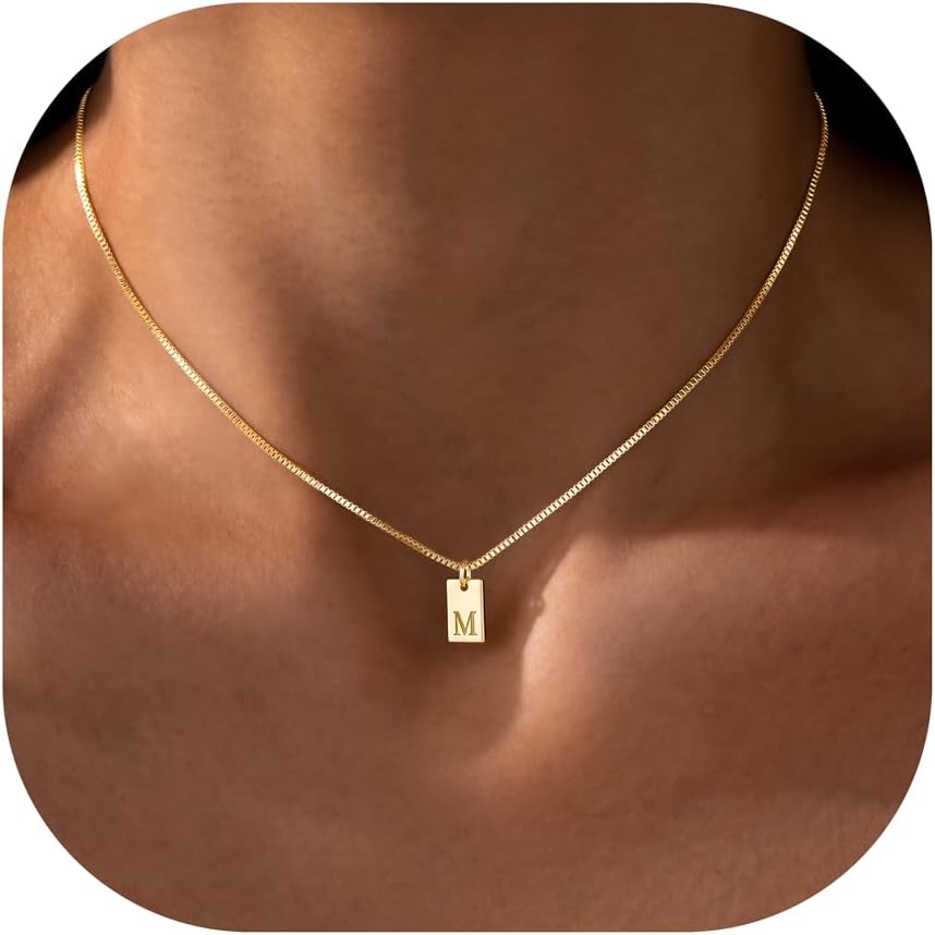 Dainty Initial Necklace for Women – 14K Gold Silver Plated Letter Pendant, Trendy Waterproof Non-Tarnish Personalized Name Tag Charm Necklace, Cute Square A-Z Jewelry Birthday Gift for Women