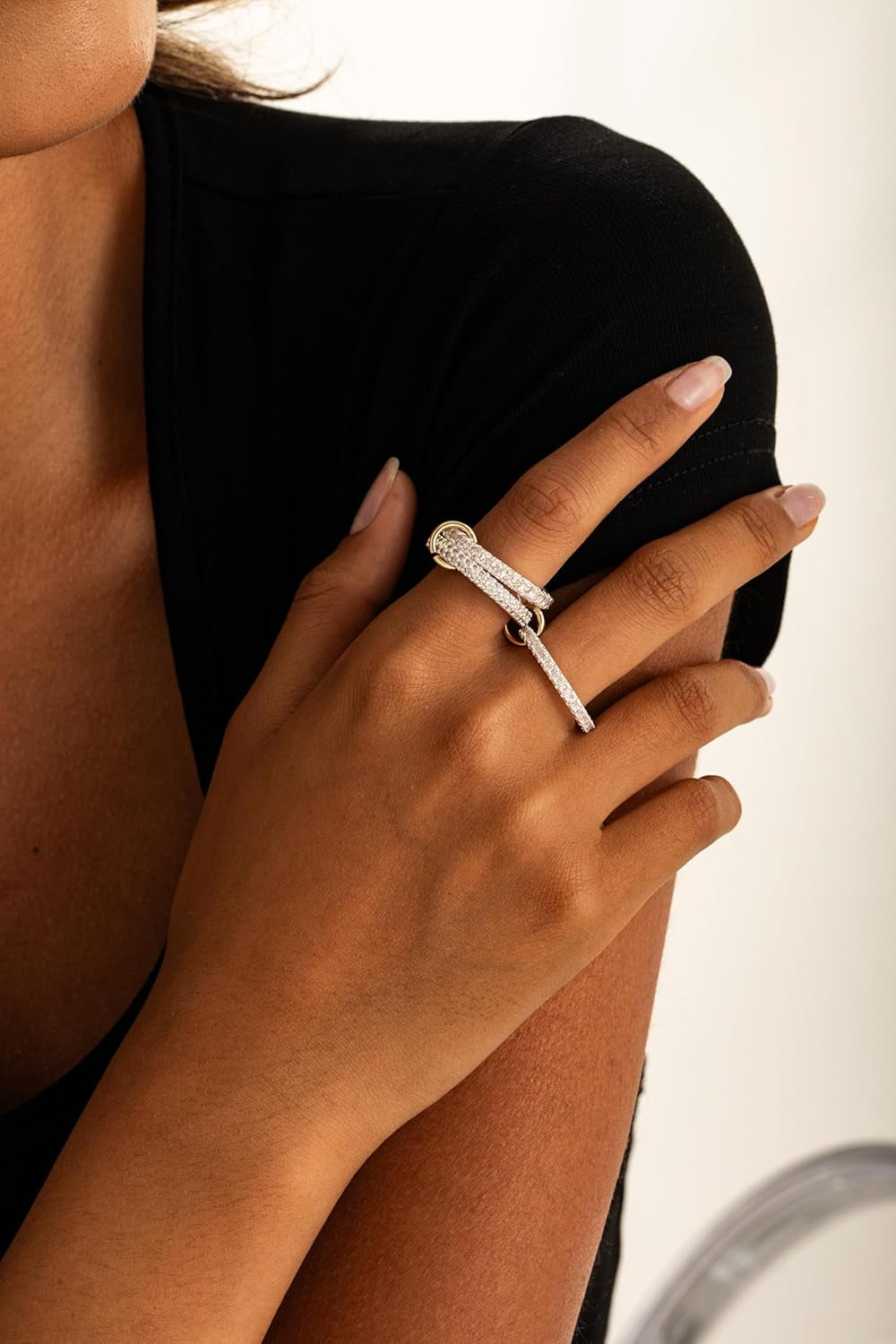 Silver Stackable Rings for Women Non Tarnish – Statement Mixed Metals Multi Ring Stack Rings Set Cubic Zirconia Two-Toned Connected Bands Stacking Jewelry Size 6-10
