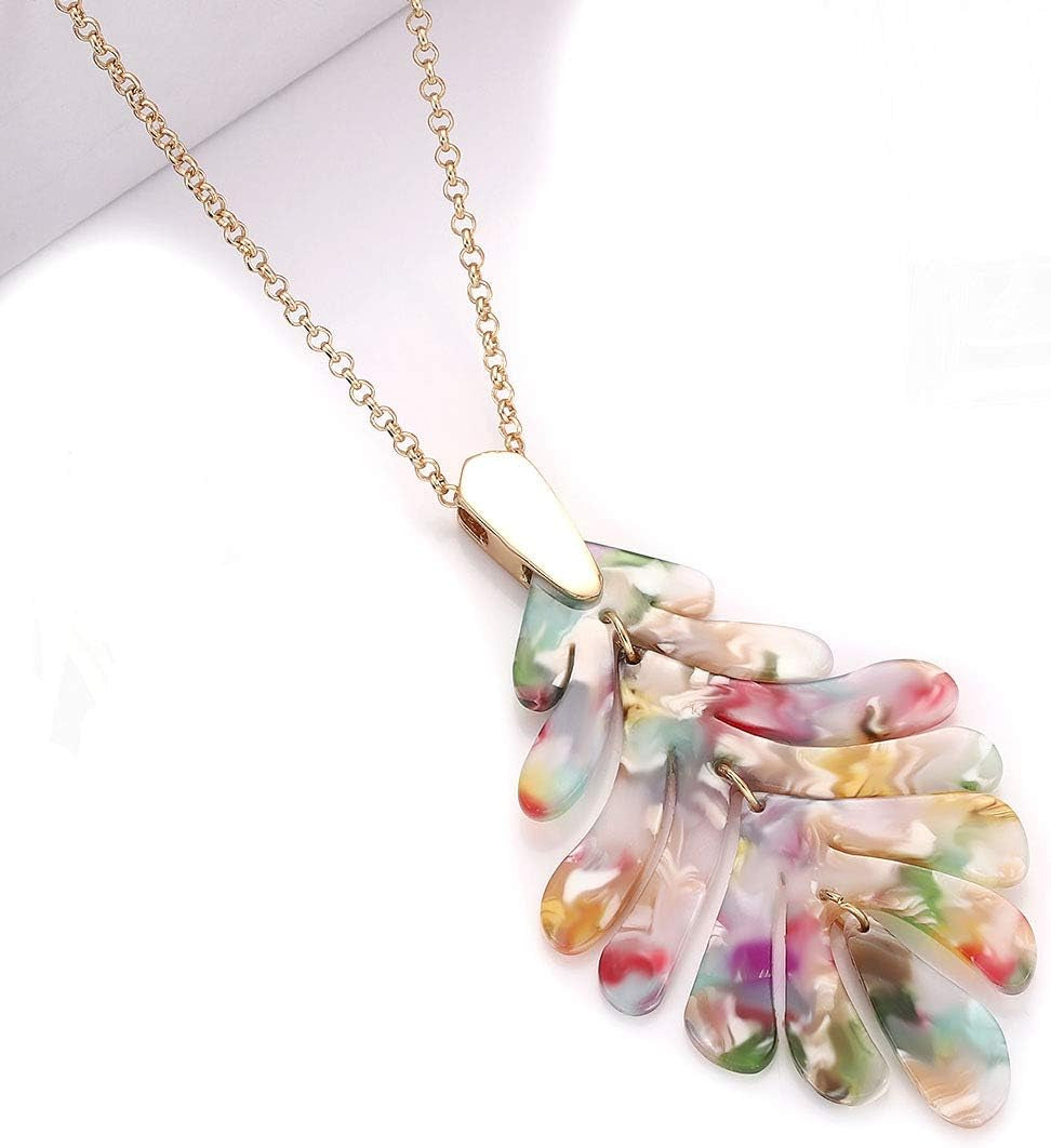 Acrylic Pendant Necklace Earrings – Long Statement Leaf Charm Necklace Tortoise Resin Palm Leaf Earrings Fashion Necklaces Earrings for Women