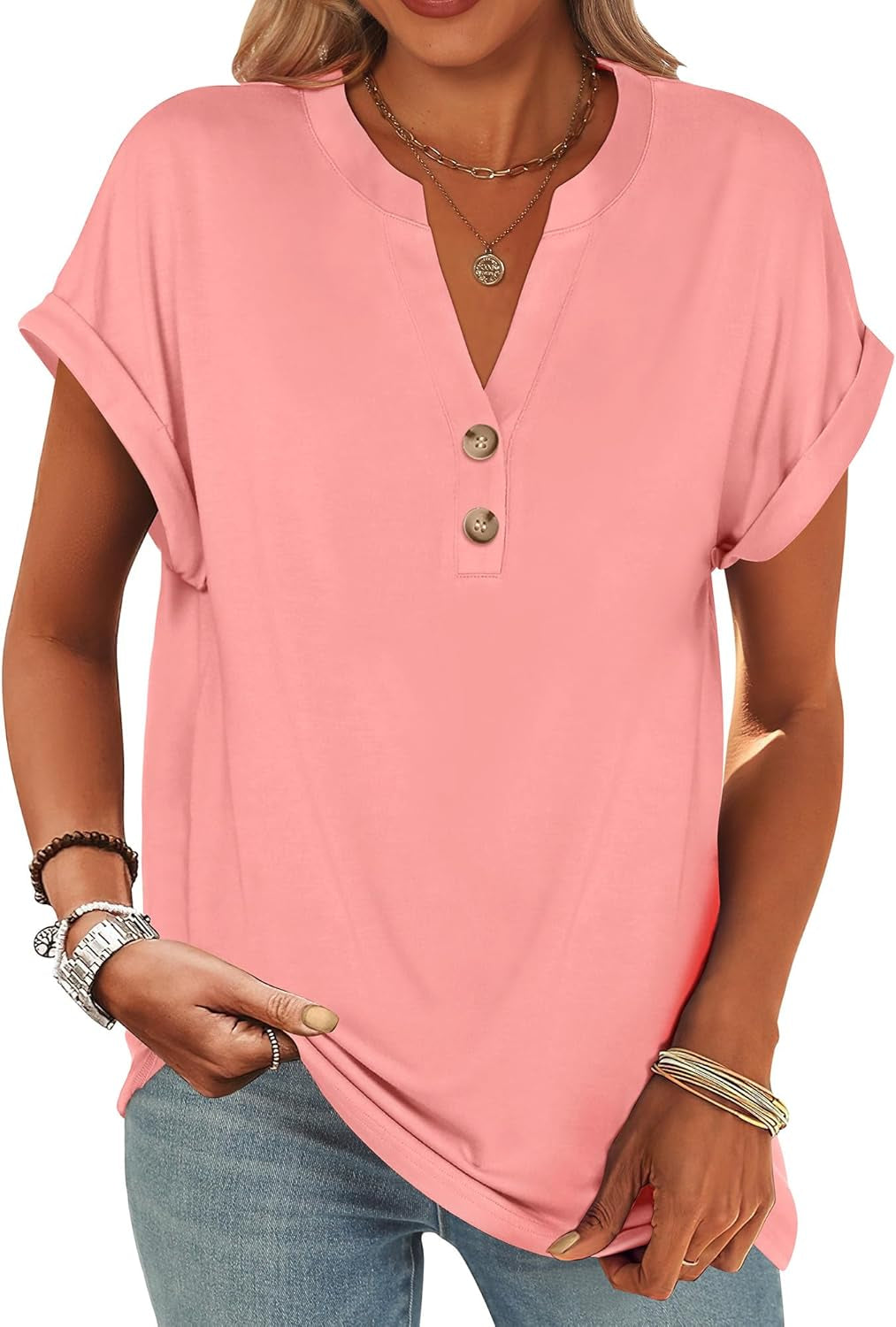 Womens Short Sleeve Henley Tops V Neck Dressy Casual Loose Fit Shirts Summer Flowy Blouses 2025 Trendy Clothes