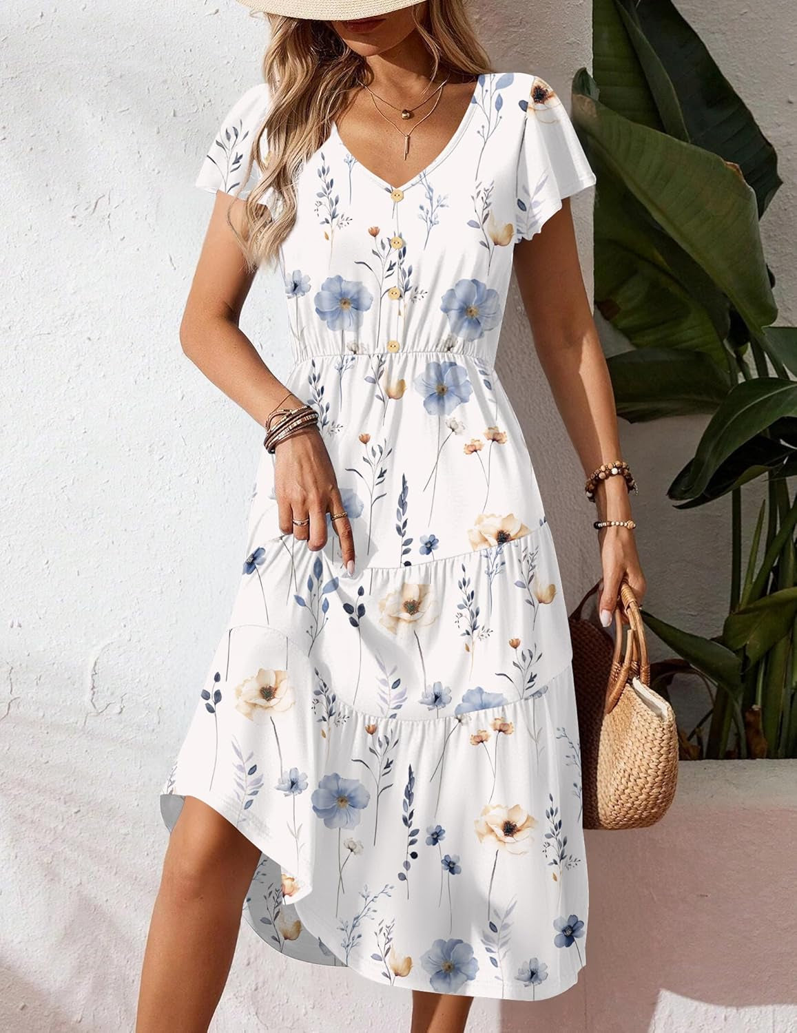 Women'S Summer Casual Dress Flutter Short Sleeve V Neck Button down Tiered Flowy Long Dress with Pockets
