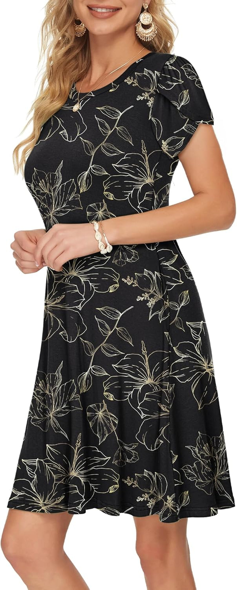 Summer Dresses for Women 2024 Casual T Shirt Crewneck Petal Sleeve Swing Vacation Dress with Pockets