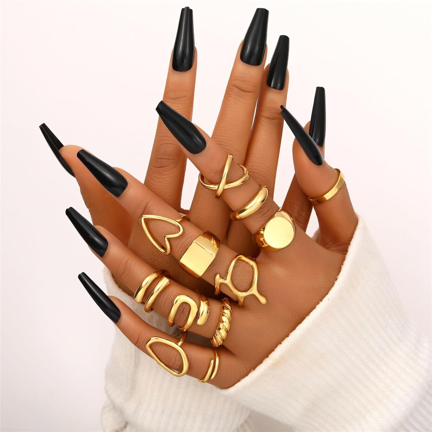 12PCS Gold Stackable Rings Set for Women, 18K Gold Plated Open Stacking Knuckle Ring, Adjustable Chunky Signet Band Statement Ring for Gift