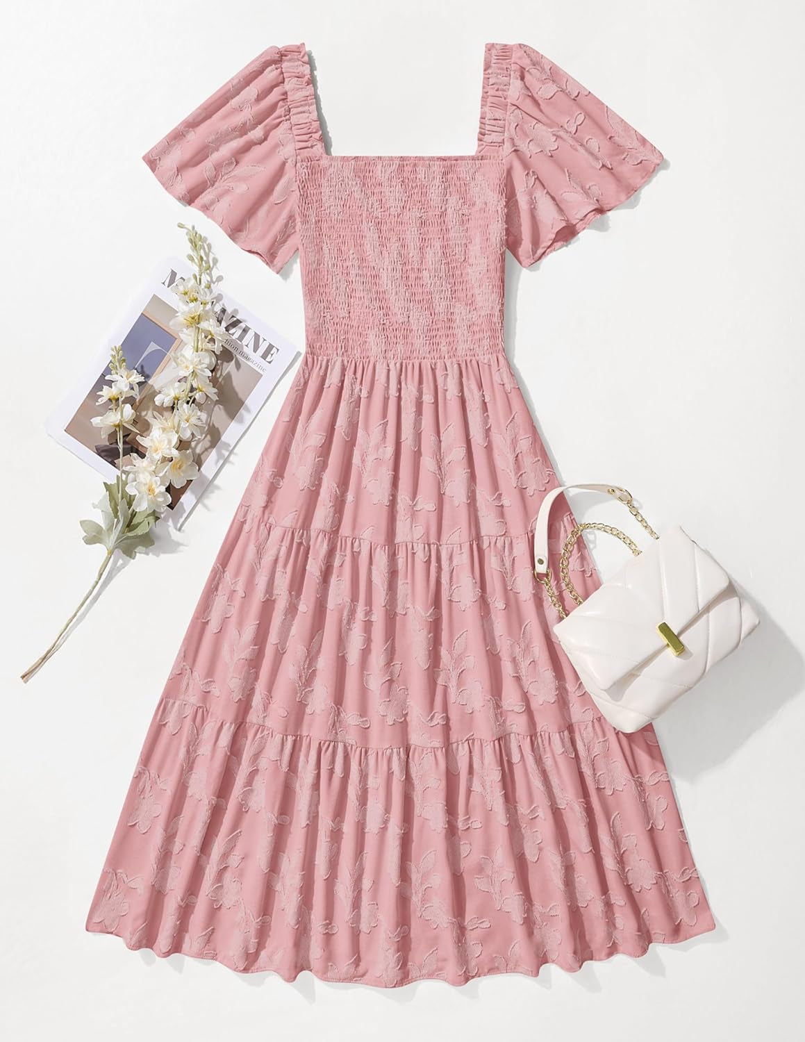 Women‘S Summer Boho Floral Midi Dress 2025 Casual Short Sleeve Square Neck Flowy Beach Vacation Long Dress