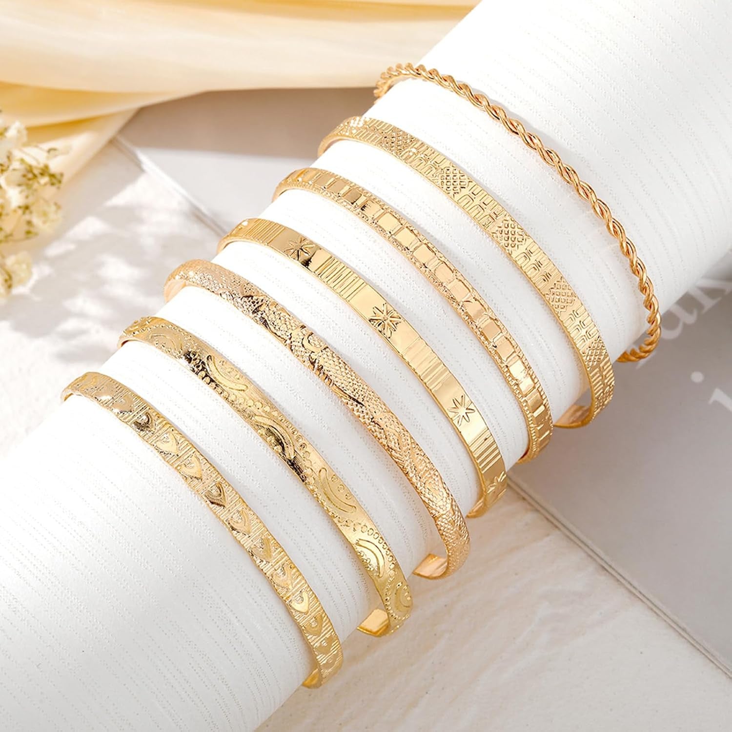 Gold Bangle Bracelets for Women, 14K Gold Plated Multi Layer Stackable Cuff Bracelet Set, Trendy Elegance Charms Non Tarnish Minimalist Textured Boho Jewelry Gift for Women